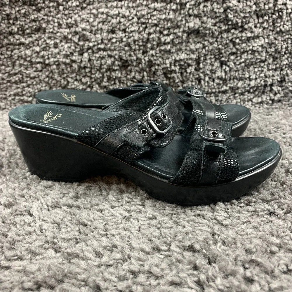 Dansko Jessie Sandals Black Leather Lizard Slip On Slide Heels Buckle EU 40